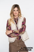 Load image into Gallery viewer, GEISHA GILET TEDDY EMBROIDERY off white/tape dark brown zigzag
