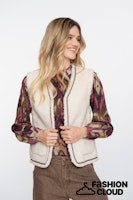 Load image into Gallery viewer, GEISHA GILET TEDDY EMBROIDERY off white/tape dark brown zigzag
