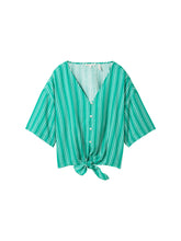 Afbeelding in Gallery-weergave laden, TOM TAILOR DENIM KNOTTED LINEN MIX BLOUSE green white vertical stripe
