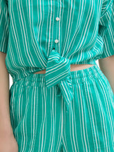 Load image into Gallery viewer, TOM TAILOR DENIM KNOTTED LINEN MIX BLOUSE green white vertical stripe
