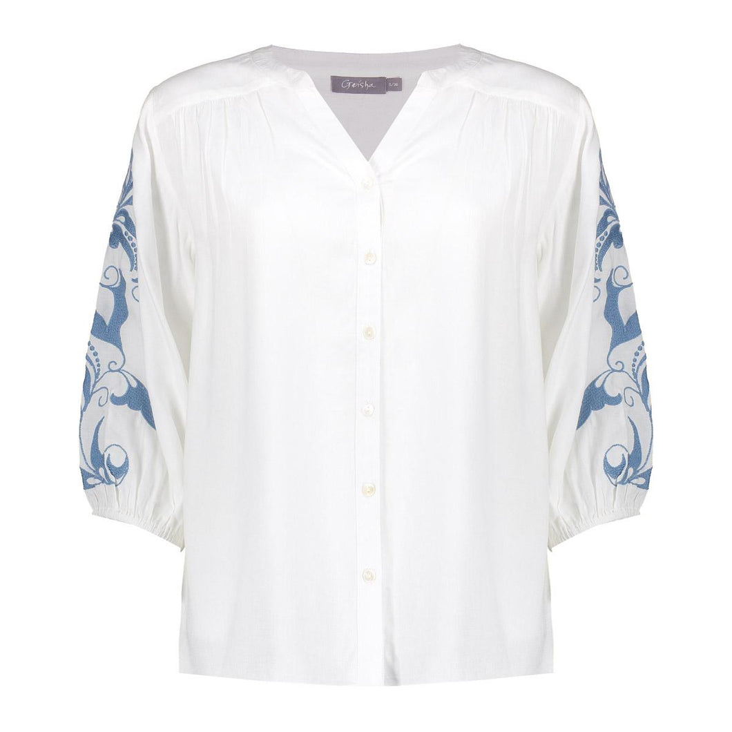GEISHA BLOUSE EMBROIDERY SLEEVES off white/light blue